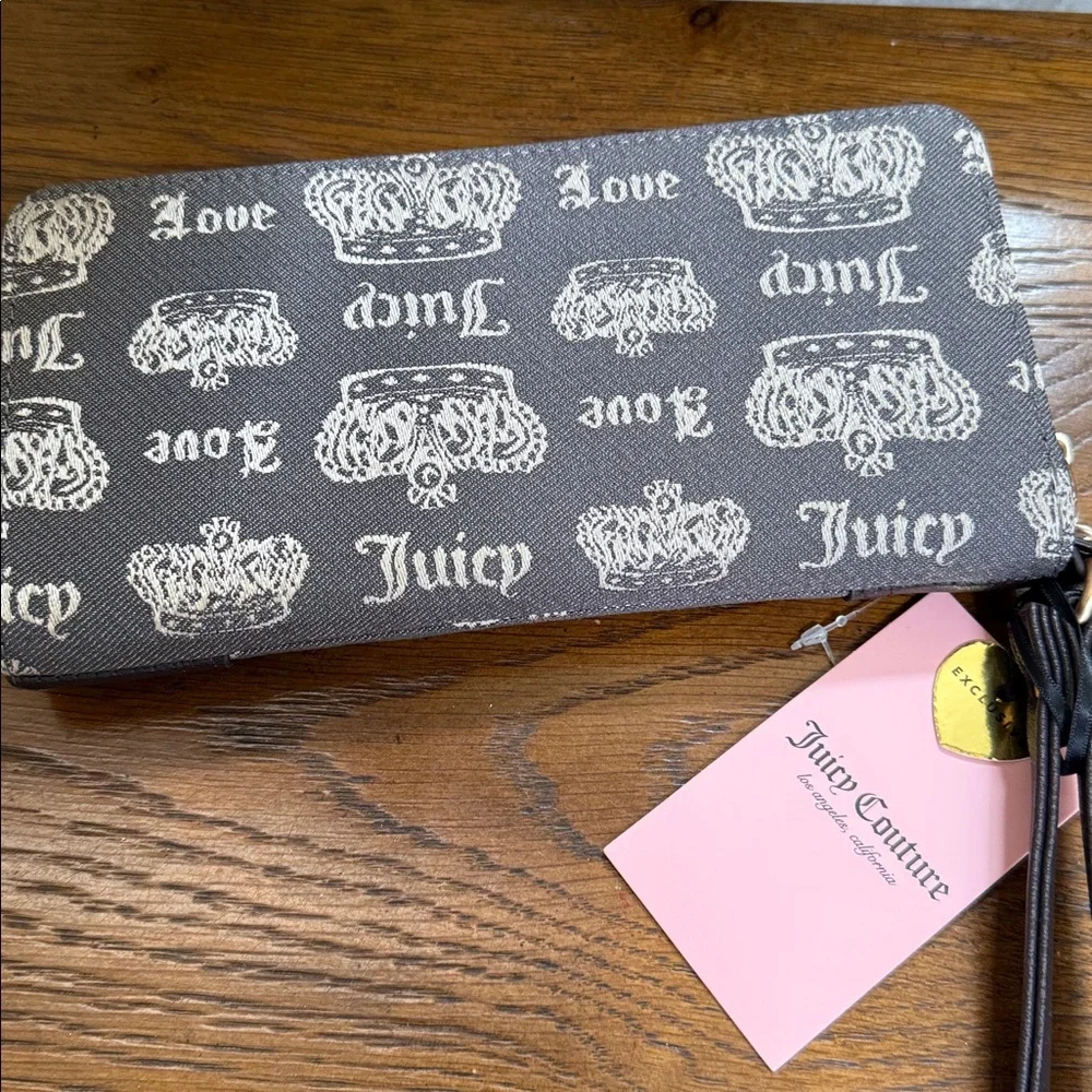 Juicy Couture Love & Crown Logo Wristlet. Zip around. Brown and tan color.